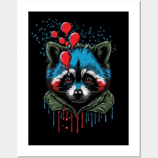 Cute Raccoon with Colorful Painted Face and Balloons Posters and Art